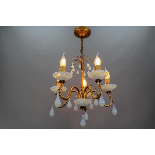 Italian Florentine Gilt Metal and White Opalescent Glass Five-Light Chandelier, 1970s For Sale - Image 6 of 18