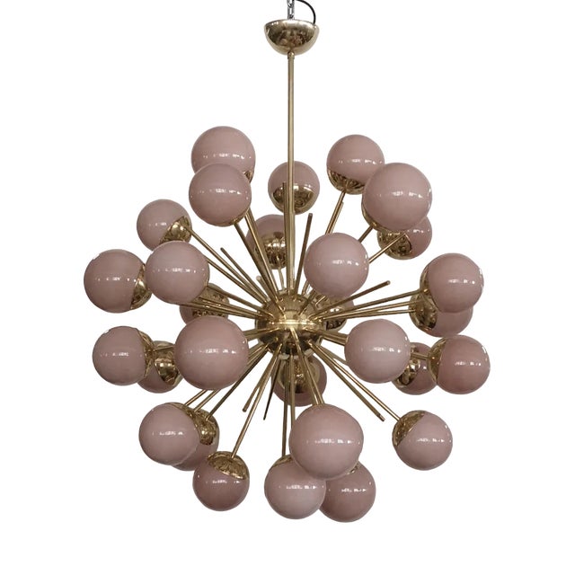 Mid-Century Sputnik Spherical Pink Glass & Brass Chandelier, 2000s For Sale