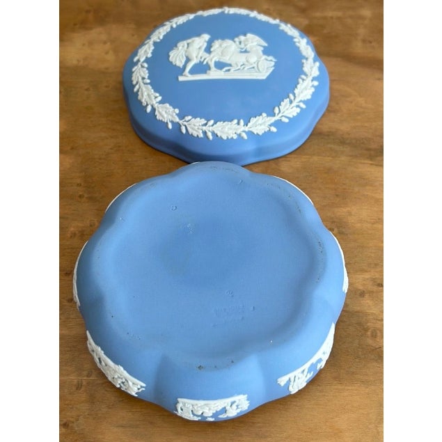 Ceramic Vintage 1970 Wedgwood Made in England Blue Jasperware Round Trinket Box For Sale - Image 7 of 11