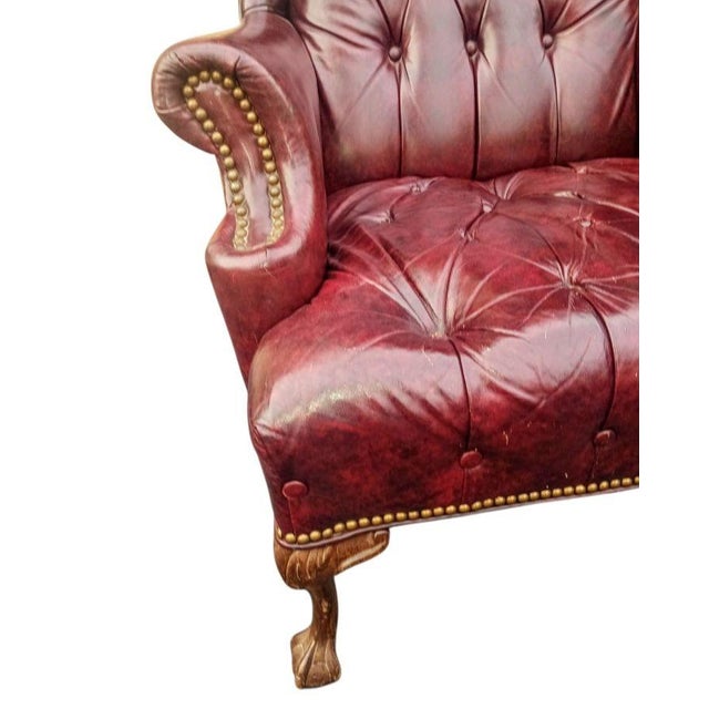 Maroon 1990s Chesterfield Leather Wingback Chair With a Matching Ottoman by Ethan Allen For Sale - Image 8 of 12