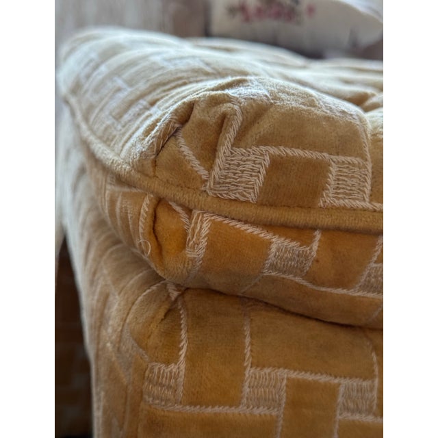 Vintage Golden Yellow Velvet Tufted Ottoman Basketweave MCM Milo Baughman Style For Sale In Philadelphia - Image 6 of 10
