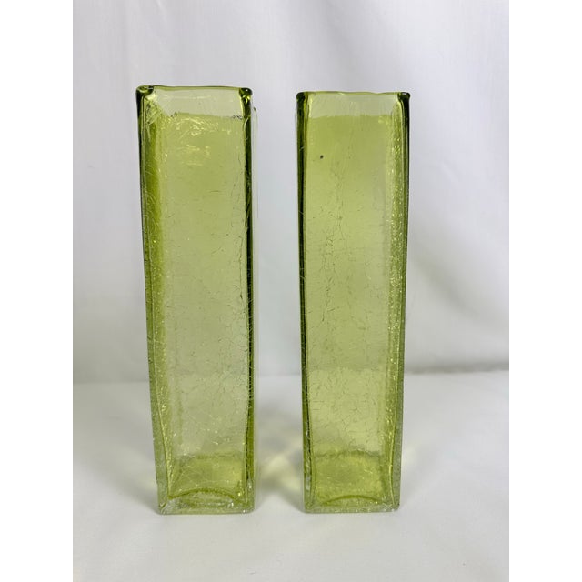 This Pair of Mid Century Modern Vintage Hand-Blown Art Glass Vases are 10" H x 2.5" W x 2.5" D and are Elegantly Designed...