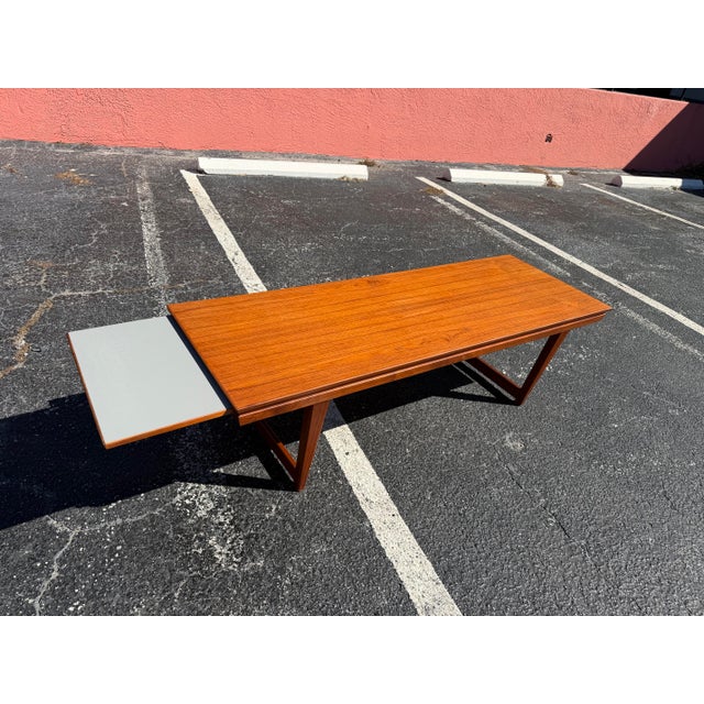 Folke Ohlsson Large Mid Century Modern Danish Teak Coffee Table Bench With Pull Out Tray For Sale - Image 4 of 12