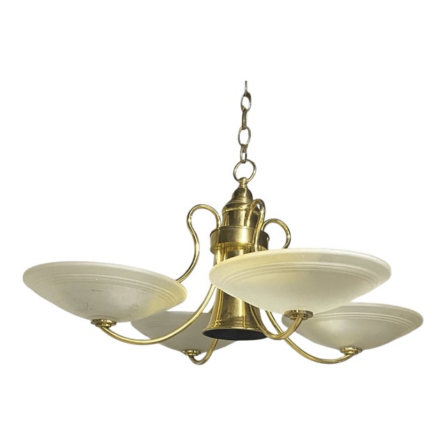 Vintage Danish Modern Brass and Frosted Glass Chandelier Light For Sale