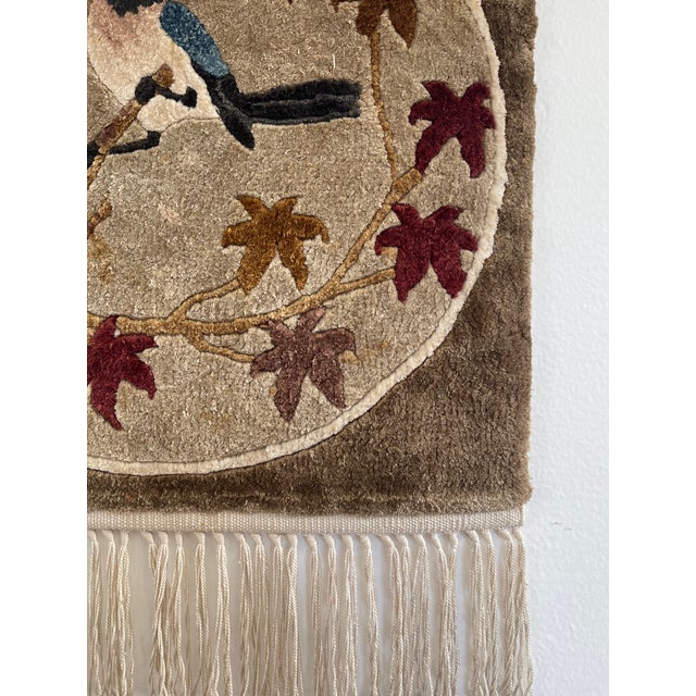 Vintage Hand-Tufted Textile Wall Hanging With Bird and Autumn Leaves Motif, Fringed Decor Panel For Sale - Image 11 of 11