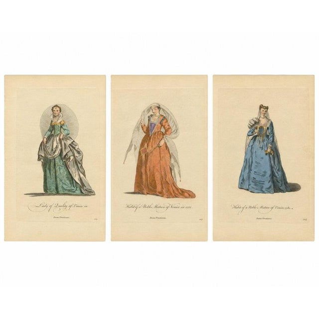 European School, Venetian Noblewomen in Renaissance Dress Hand-Colored Costume Prints, 1749, Paper, Set of 3 For Sale - Image 10 of 10