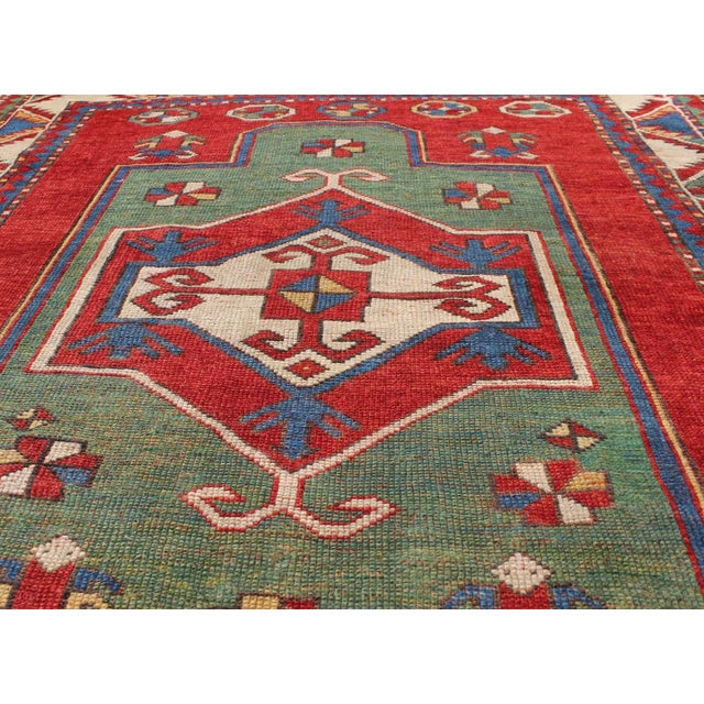 Antique Caucasian Fachralo Kazak With Tribal Design in Green, Red and Ivory 3'9 X 4'2 For Sale - Image 4 of 7