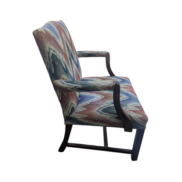 All Measurements can be found under the Dimensions Tab Vintage Federal Arm Chair featuring a Schumacher Flame Stitch...