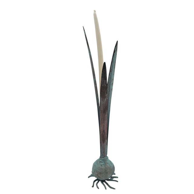 Verdigris Vintage Verdigris Cattail Candleholders, Copper Bronze Metal, Pair, 13" For Sale - Image 8 of 13