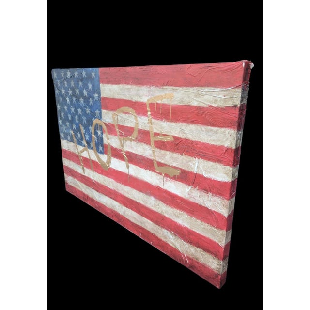 1980s Monumental Custom Made Hand Painted Draped Canvas Distressed American Flag Hope Wall Painting Art For Sale - Image 4 of 17