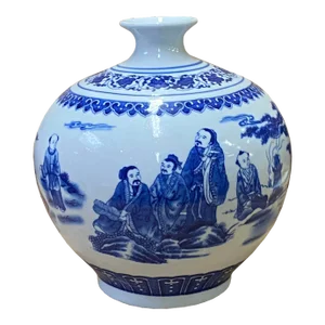 Chinese Oriental Blue White Porcelain Graphic Scenery Vase