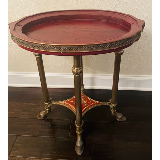 Vintage Sarreid Neoclassical Style Red Porcelain and Brass Tray Table For Sale - Image 9 of 12