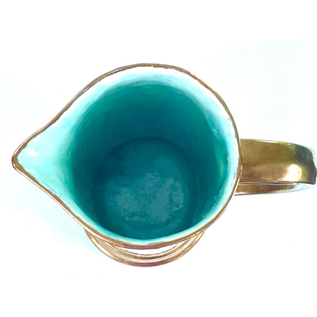 Art Deco 1930s Handcrafted, Artisan – Ceramic Large, Pitcher, and Eight Tankards-in a Hammered Copper Lusterware Finish - Set of 9 For Sale - Image 3 of 11