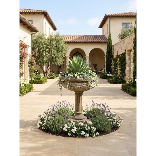 2000 - 2009 Vintage Neoclassical Cast Stone Garden Urn on Fluted Pedestal For Sale - Image 5 of 7