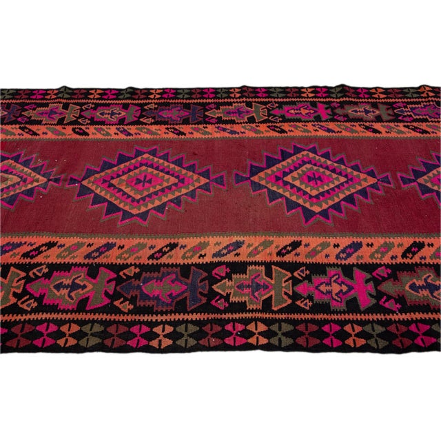 1960s Vintage Kilim Handmade Flatweave Tribal Motif Red Wool Runner For Sale - Image 5 of 10