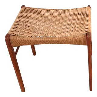 1960s Teak & Paper Cord Foot Stool Ottoman For Sale