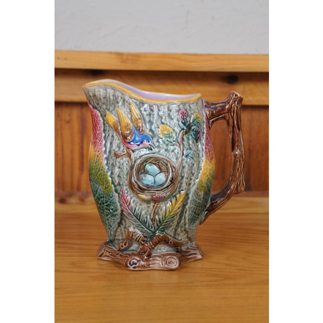 Antique Majolica Arsenal Shorter & Boulton Nesting Bird Robins Egg Pitcher For Sale - Image 6 of 12