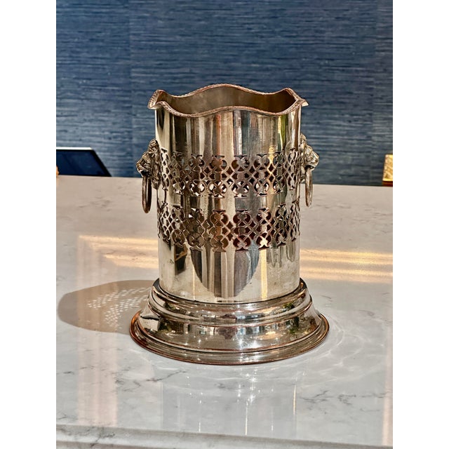 Metal Antique Silver Plate Pierced Wine Bottle Holder With Lion and Ring Handles For Sale - Image 7 of 11