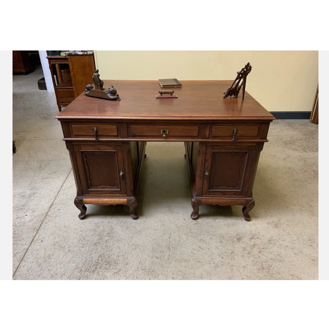 Brown Vintage Double-Sided Desk with Armchairs, 1935, Set of 3 For Sale - Image 8 of 13