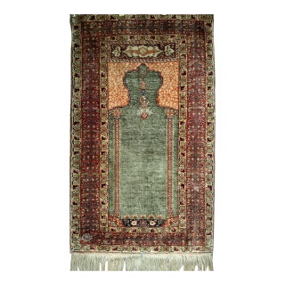 Vintage Turkish Hereke Prayer Rug, Green and Brick Red, Early 1900s, 2' x 3' For Sale