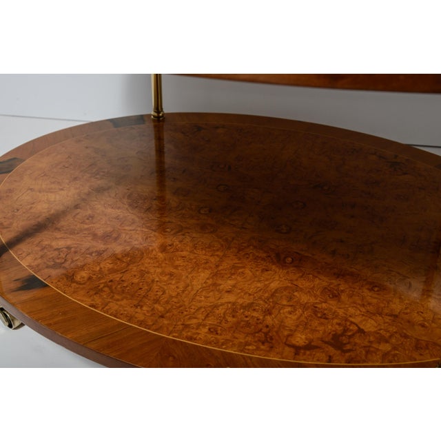 Italian 3 Tier Oval End Table on Casters in Burl Wood & Brass For Sale - Image 11 of 14