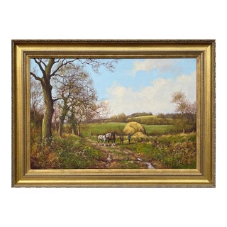 James Wright Horses with Ploughmen in the English Countryside by Realist Landscape Artist 1990 Circa For Sale