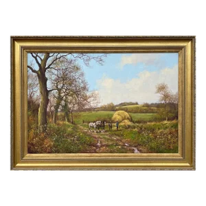 James Wright Horses with Ploughmen in the English Countryside by Realist Landscape Artist 1990 Circa