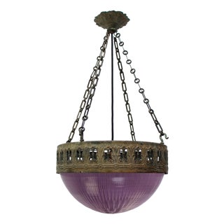 French Brass Violet Glass Plafonnier Pendant Lamp by Holophane Paris For Sale