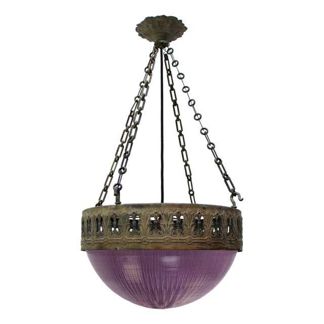 French Brass Violet Glass Plafonnier Pendant Lamp by Holophane Paris For Sale