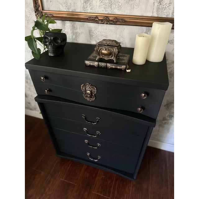 Black Bassett Highboy Dresser, Matte Black, Skull Hardware, Dark Romantic Bedroom Furniture For Sale - Image 8 of 9