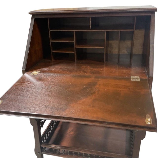 Early 20th Century Vintage Mahogany Drop-Front Secretary Desk With Carved Gallery & Lower Shelf For Sale - Image 5 of 10
