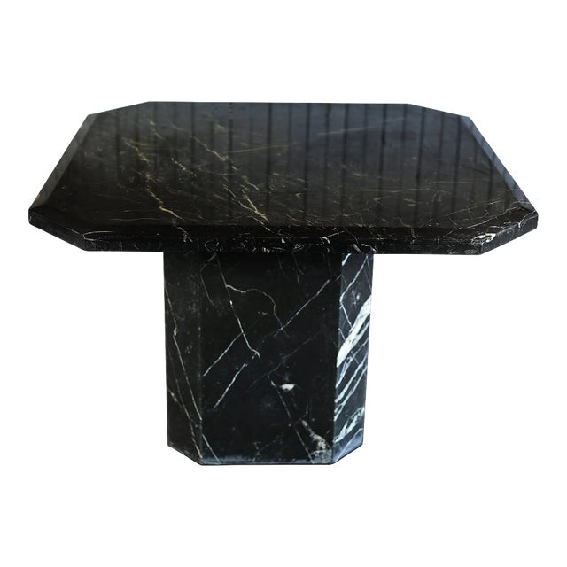 Vintage Mid century modern black marble two piece table with beveled edged top, white and tan veining. Table is two part...