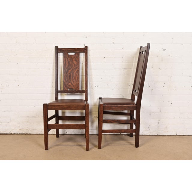 Brown Gustav Stickley Antique Mission Oak Arts & Crafts H-Back Dining Chairs With Leather Seats, Pair For Sale - Image 8 of 12