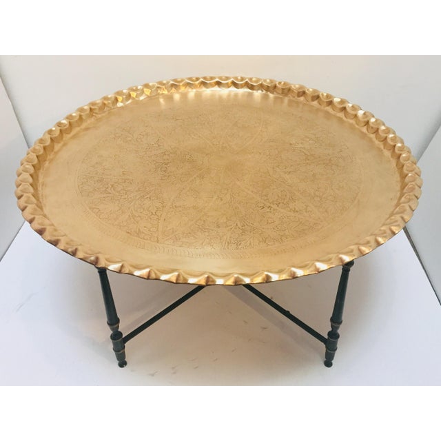 Large Moroccan Round Brass Tray Table on Folding Stand Chairish