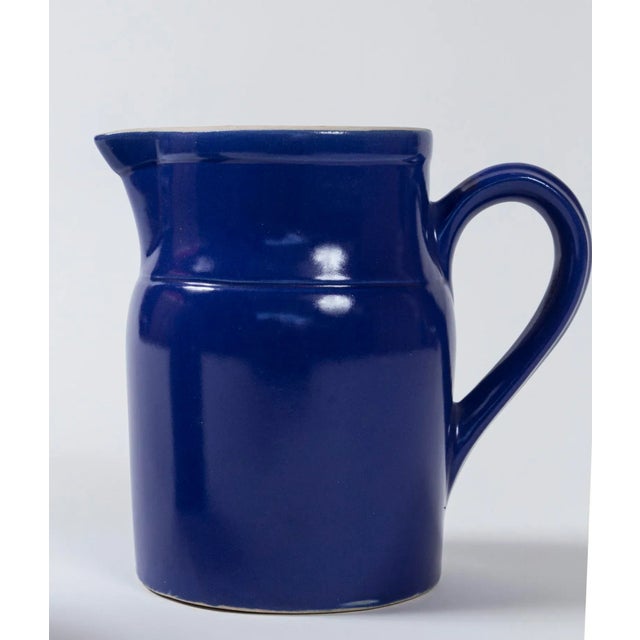 Two Vintage Ceramic Dairy Pitchers, Digoin, France, 1960's. Striking cobalt blue glaze with white glazed interior. Large:...