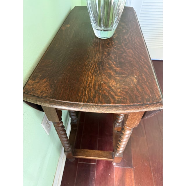 1920s Antique Solid Oak English Drop Leaf Barley Twist Table For Sale - Image 5 of 10