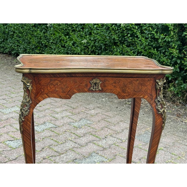1860 French Artisan Louis XV Brown Marquetry Center Table-1 Pc For Sale - Image 14 of 17