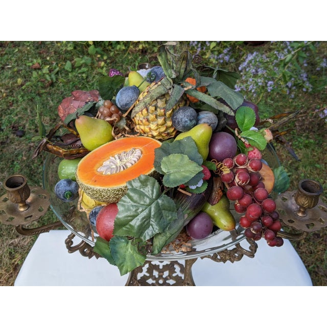 Ornate Brass Tripod Compote Centerpiece Candelabra & Large Fluted Bowl With Fruit For Sale - Image 10 of 12