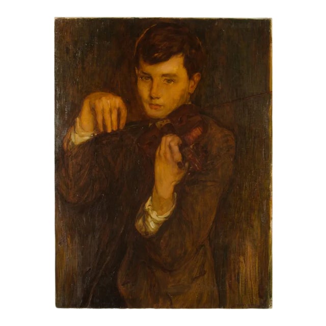 Early 20th Century Portrait of a Young Musician Oil Painting by Leonard Watts For Sale