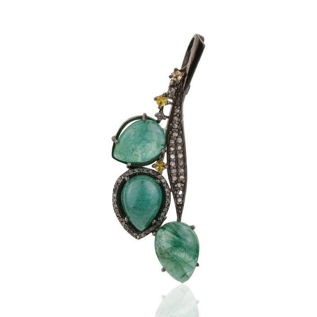 Vintage Inspired Floral Leaf Brooch Pendant With Emeralds & Diamonds For Sale - Image 9 of 13