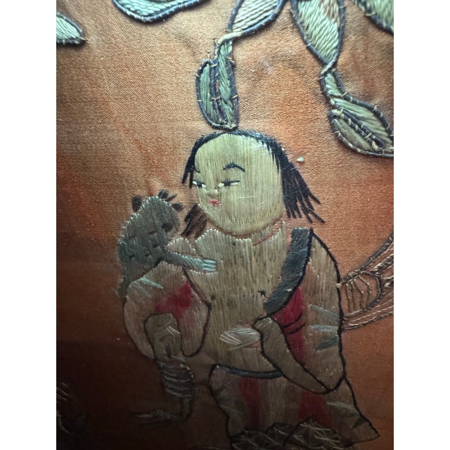 Textile Late Qing Dynasty Silk & Gold Couchwork Panel: The Sanxing Deities, C. 1890 For Sale - Image 7 of 11