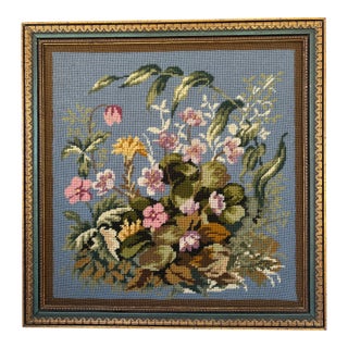 1976 Framed Signed/Dated Floral Needlepoint Tapestry For Sale