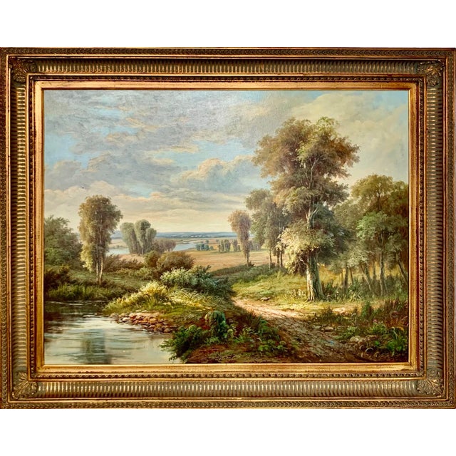 Exquisite dreamy Realist landscape on canvas in golden frame. Exceptional fine art for collectors. Condition: Some minor...