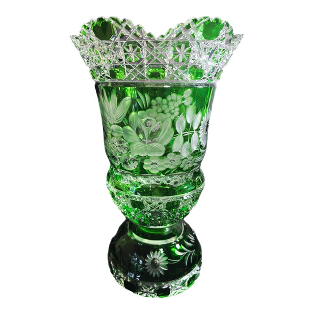 Signed Meissen Green Cut‑to‑Clear Tall Crystal Vase – Hand‑Engraved Midcentury German Art Glass For Sale