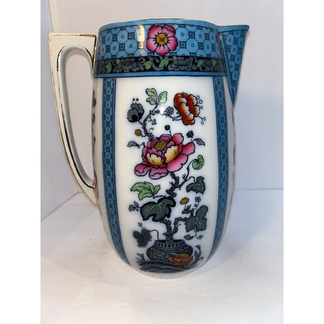 Antique English Keeling & Co. Luxe Ware Wash Set – Pitcher, Basin & Jar, Turquoise Floral Transferware, Burslem For Sale - Image 6 of 8