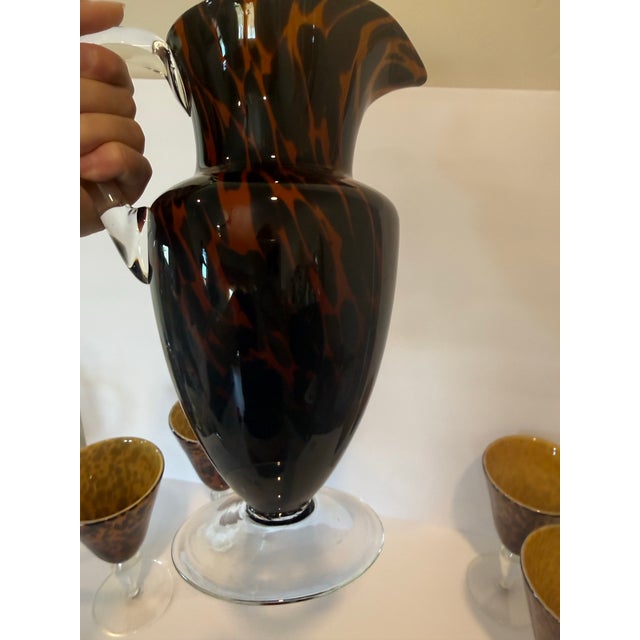 Glass Vintage Handcrafted Art Heavy Glass Murano Style Leopard Pitcher With 4 Goblets For Sale - Image 7 of 12