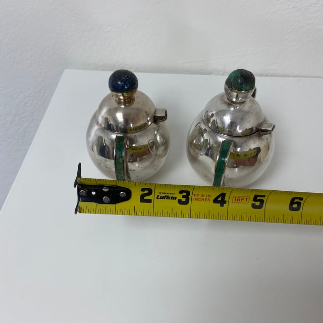 Mid 20th Century Los Castillo Taxco Silverplate Sugar & Creamer With Stone Inlay- 2 Pieces For Sale - Image 9 of 12