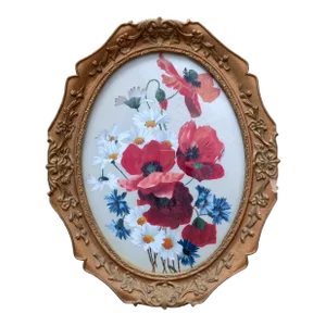 Rare Collector 19th Century French Botanic Painting on Silk - 'Poppies'