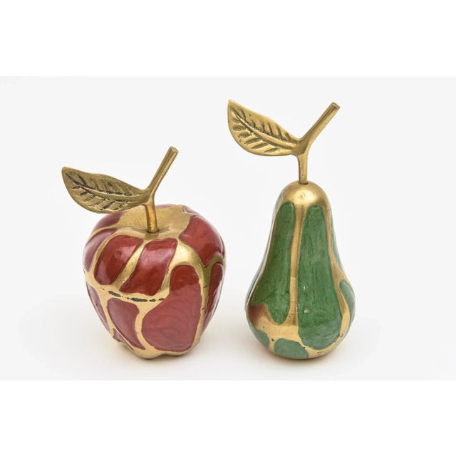 Vintage Brass and Enamel Red and Green Apple and Pear Objects and Sculptures Set of 6 For Sale - Image 4 of 12