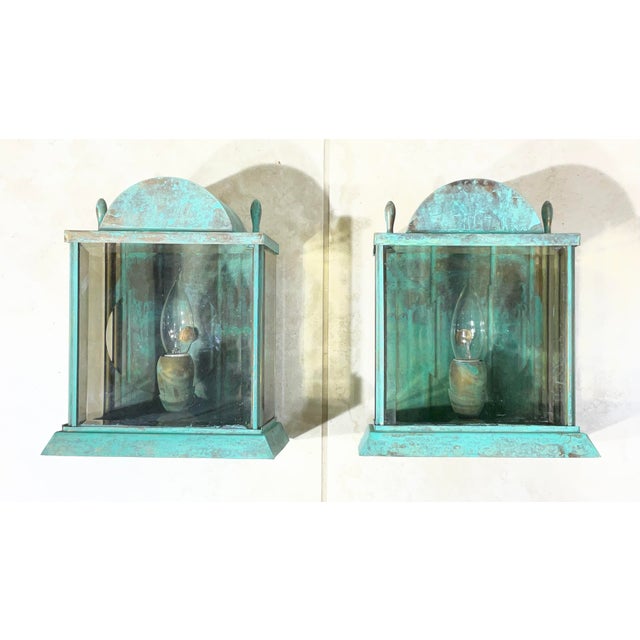 Vintage Verdigris Solid Brass Lanterns - Pair of Wall-Mounted Sconces For Sale - Image 10 of 13